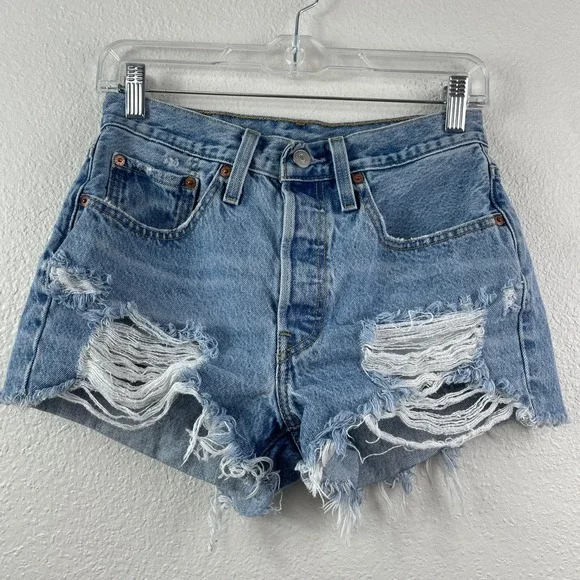 Levis 501 Original High Rise Distressed Denim Shorts Light Wash Blue W26 56327 - Picture 1 of 8